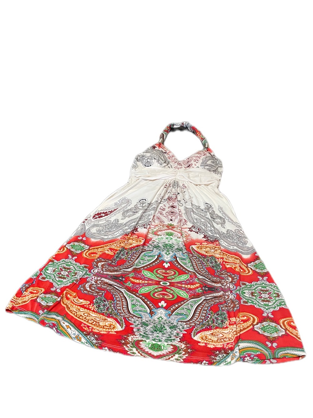 Y2K Paisley Halter Dress
Red, green, and beige paisley print polyester & spandex